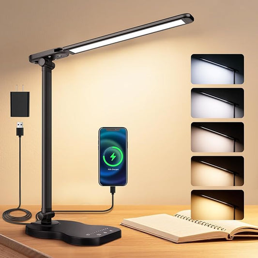 Desk Lamps for Home Office, Dimmable LED Desk Lamp, 5 Color Modes, 10 Brightness, Touch Desk Light with USB Charging Port for Nail Craft Puzzle Sewing Study - White