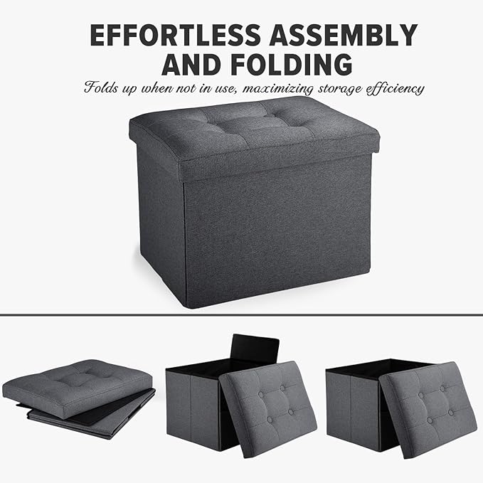 LINMAGCO Small Storage Ottoman Stool Foot Rest Stool Under Desk Stool Short Folding Ottoman Linen Cloth Dark Gray 17X13X13IN
