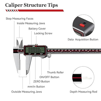 GemRed Wireless Digital Caliper, 300mm Stainless Steel Precision Measuring Tool with Data Output, Inch/MM Conversion, Zero Reset, Auto Off, for DIY, Woodworking, Jewelry Making