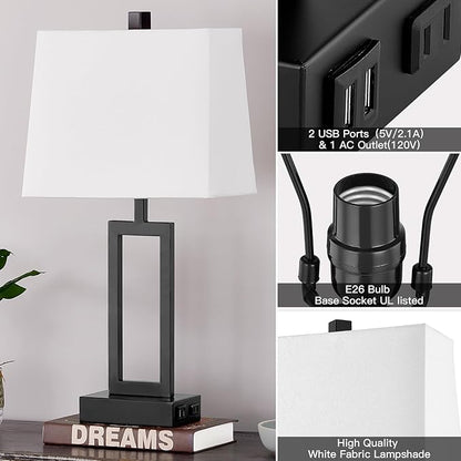 23.5" Touch Control Table Lamps Set of 2, Bedside Lamp with 2 USB Ports & AC Outlet, 3-Way Dimmable Nightstand Lamp with White Linen Shade for Living Room Bedroom End Table Office(2 LED Bulb Included)