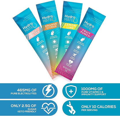 HydroMATE Electrolyte Powder Variety Pack Bulk Hydration Packets Low Sugar 90 Count