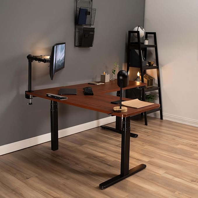 VIVO Electric Height Adjustable 67 x 60 inch Corner Stand Up Desk, 2 Dark Walnut Solid Table Tops, Black Frame, Memory Controller, L-Shaped Workstation, 3E Series, DESK-KIT-3E6D