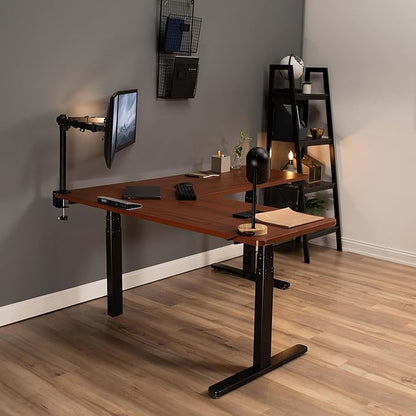 VIVO Electric Height Adjustable 67 x 60 inch Corner Stand Up Desk, 2 Dark Walnut Solid Table Tops, Black Frame, Memory Controller, L-Shaped Workstation, 3E Series, DESK-KIT-3E6D