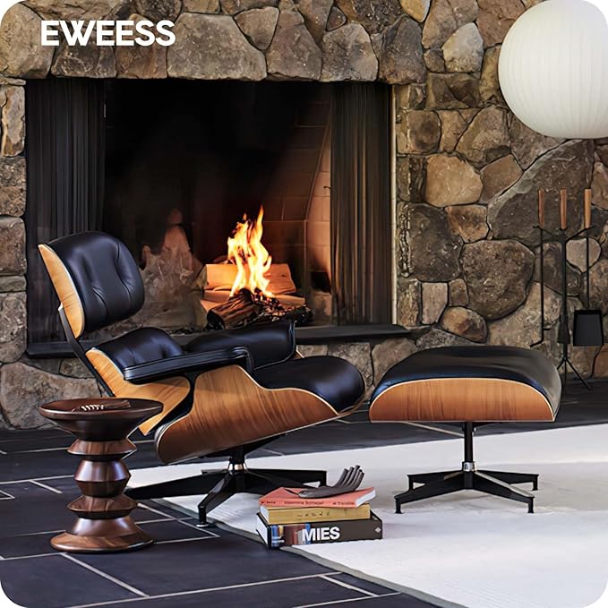 Top Black Grain Leather, Mid Century Chaise Lounge Chair and Ottoman, Modern Chair Classic Design, Walnut Wood, Heavy Duty Base Support for Living Room Study Lounge Office