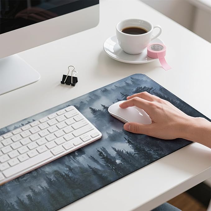 Grey Forest Patterns Desk Mat, Large Gaming Mouse Pad Non-Slip Rubber Base with Stitched Edges, Waterproof Protection for PC Laptop Home Office Desk Decor (35.4x15.7in)