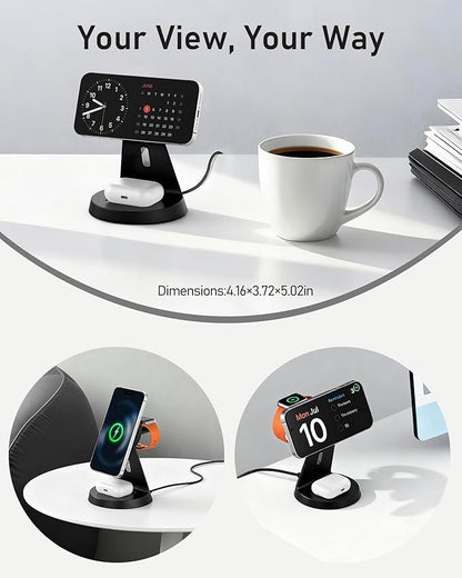 Wireless Charger 3 in 1 Charging Station for iPhone: Magnetic Docking Station for iPhone 17/16/15/14/13/12 - Multi Charging Dock for Apple Watch & Airpods 4 3 2 Pro (Adapter Included) (Black)