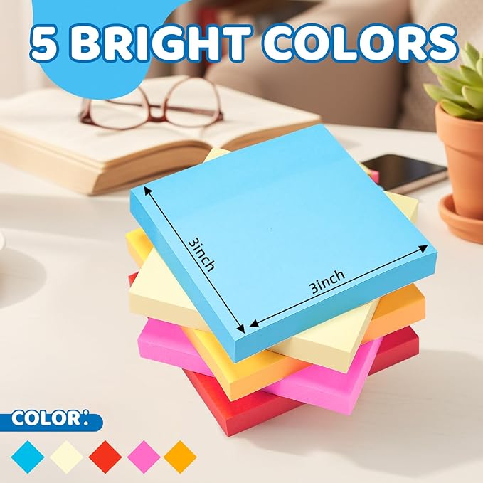 Eaasty 12000 Sheets, 120 Pack Sticky Notes 3x3 Inch Bright Colors Self Stick Pads Bulk 5 Bright Colors 100 Sheets/pad Colorful Post Stickies for Walls Doors Windows Notebook Office Home School Meeting