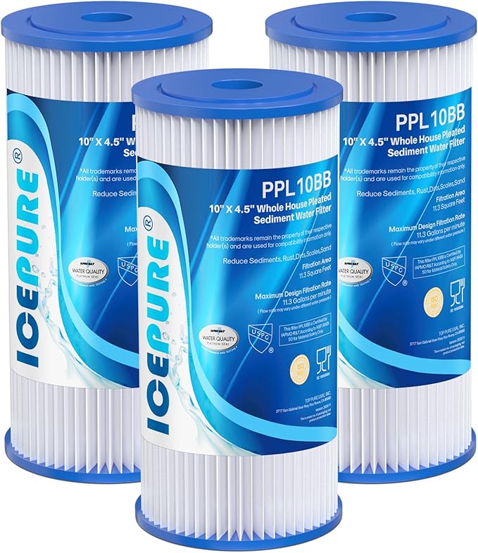 ICEPURE 5 Micron 10" x 4.5" Whole House Sediment Pleated Water Filter Replacement for GE FXHSC, Culligan R50-BBSA, Pentek R50-BB, DuPont WFHDC3001, W50PEHD, GXWH40L, GXWH35F for Well Water, 3PACK
