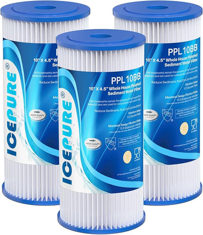 ICEPURE 5 Micron 10" x 4.5" Whole House Sediment Pleated Water Filter Replacement for GE FXHSC, Culligan R50-BBSA, Pentek R50-BB, DuPont WFHDC3001, W50PEHD, GXWH40L, GXWH35F for Well Water, 3PACK