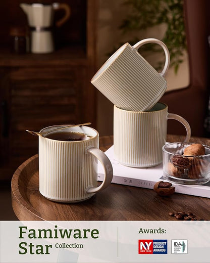 famiware Coffee Mug Set for 6, Star 16 oz Catering Mugs Cup Set with Handle for Coffee, Tea, Cocoa, Milk - Ceramic Stoneware Drinkware Set, Cappuccino White