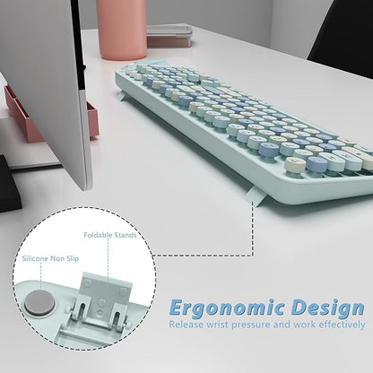 Wireless Keyboard and Mice Combo,Retro Round Keys Full-Sized Cute Keyboard, 2.4Ghz Dropout-Free Connection and Optical Mouse for Windows, Mac, PC, Laptop, Desktop (Blue-Colorful)