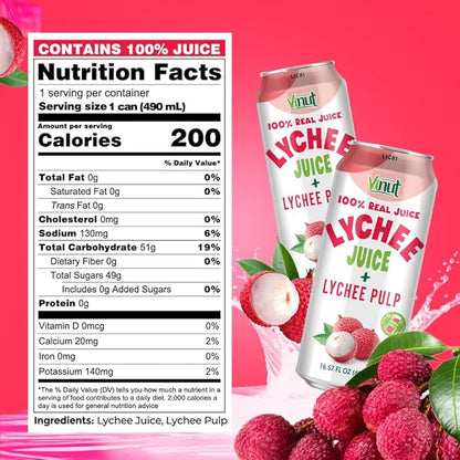 VINUT 100% Natural Lychee Juice Drink with Pulp, Real Lychee Juice, Gluten Free, GMO-Free, 16.57 fl oz, Pack of 12
