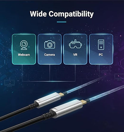 Fiber Optic USB C to USB C Cable(33ft),Slim High Speed 10Gbps USB 3.2 Gen2 Active Optical Cable for VR, Webcam, Laptop etc
