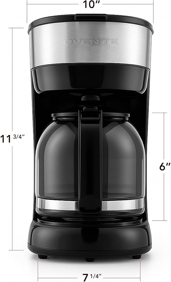 OVENTE 12-Cup Drip Coffee Maker with Borosilicate Glass Carafe, One-Touch Operation Machine, Anti-Drip System, Reusable Filter and Clear View Water Level Gauge, Ideal for Home or Office, Black CM412B