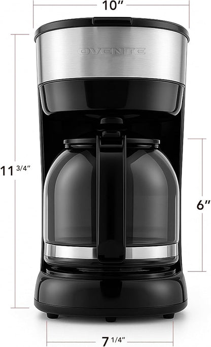 OVENTE 12-Cup Drip Coffee Maker with Borosilicate Glass Carafe, One-Touch Operation Machine, Anti-Drip System, Reusable Filter and Clear View Water Level Gauge, Ideal for Home or Office, Black CM412B