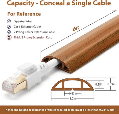 Floor Cord Cover 6ft, Cord Hider Floor Brown Walnut Wood, Cable Management Prevent Trips, Cable Cover Wire Covers for Electric Power Cords, Wire Protector Cavity W0.47in x H0.28in