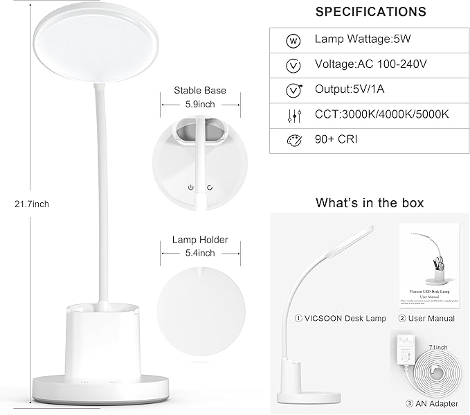 Desk Lamp, LED Desk Lamp for Home Office, Touch Table Lamp with 3 Color Modes 360° Adjustable Arm, Dimmable Desk Light with Pen Phone Holder, White