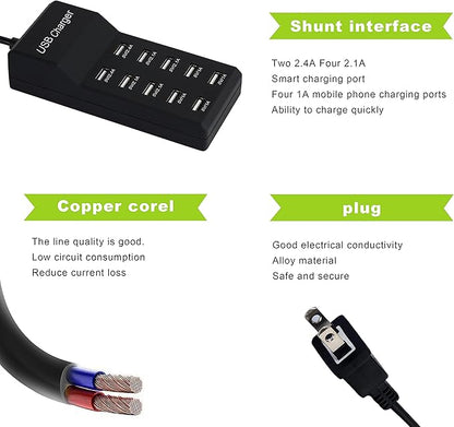 50W USB Charging Station with 10-Port Family-Sized Smart USB Ports for Multiple Devices - Smart Phone, Tablet, Laptop Computer - for iPhone 15/14/13 Black