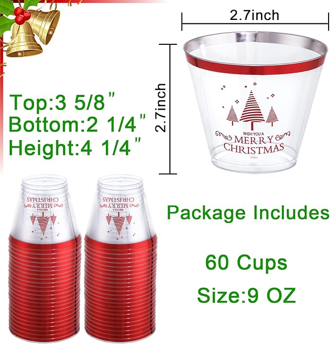 WELLIFE 60Pcs Christmas Party Cups, 9oz Merry christmas Cups, Christmas Disposable Plastic Cups for Daily Use, Holiday Party Supplies