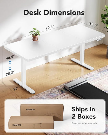 HUANUO 71 x 30 inch Electric Standing Desk, Powerful Brushless Motor Large Height Adjustable Table, 4 Memory Preset Sit Stand Up Desk, Home Office Computer Table with Thick T-Shaped Frame, White