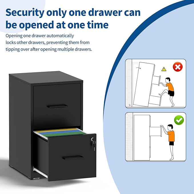 2-Drawer Locking Vertical File Cabinet, Metal Storage Cabinet for Office/Home – Secure Vertical Filing for Letter/Legal/A4/F4 Documents, Easy to Assemble Steel Cabinet (Black, 2 Drawer-25 H)