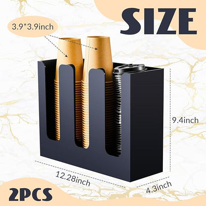 Mumufy 2 Pack 3 Compartments Acrylic Cup Storage Organizer, Disposable Paper Cup Dispenser, Coffee Lid Sleeve Holder for Countertop Restaurant Breakroom Coffee Station Bar Shop Party Supplies