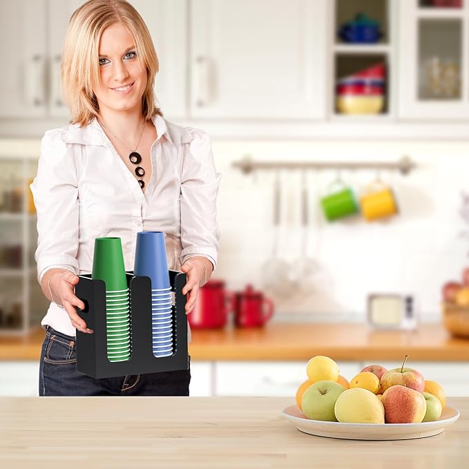 WINFFOR Disposable Cup Organizer Dispenser - 2 Compartments Black Acrylic Cup and Lid Holder with Handles Plastic Cup Dispenser Countertop Paper Cup Holder for Coffee Bar House Party Essentials