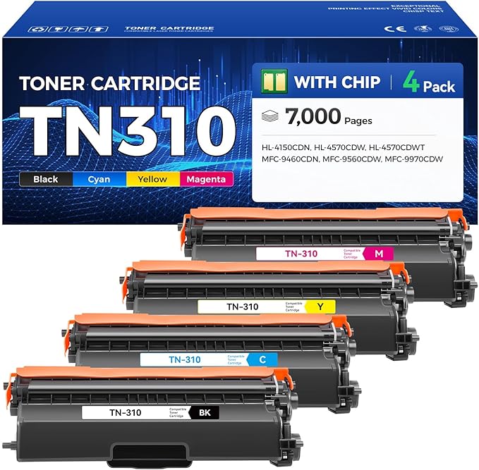 TN310 Toner Cartridge Set 4-Pack with Chip Replacement for Brother TN-310 TN-315 TN-336 Compatible with DCP-9050 9055 9270 HL-4140 4145 4570 MFC-9460 9560 9970 (1 Black 1 Cyan 1 Magenta 1 Yelllow)