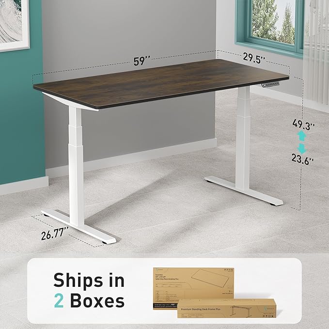 Pro 3 Stages Dual Motor 59 x 30 in Electric Standing Desk with One Piece Desktop, Adjustable Height, Sit to Stand Up Desk for Home Office, Work Study, White Frame & Brown Desktop (2 Packages)