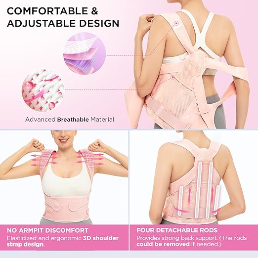 Vicorrect Posture Corrector for Women and Men: Back Support Brace Relieve Upper Back Shoulders Pain (Pink, Medium)