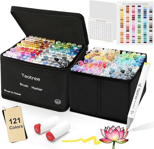 Taotree Alcohol Markers Brush Tip, 121 Colors Brush Markers Dual Tip Coloring Pens, Brush & Fine Tip Sketch Illustration Drawing Art Supplies Gift for Artist Coloring Book Painting, Sketching