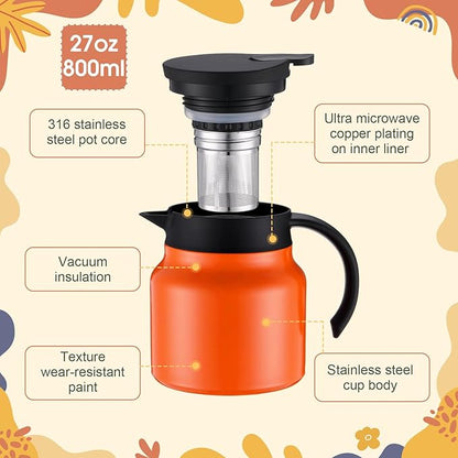 2 Pcs Thermal Coffee Carafe for Keeping Hot/Cold Stainless Steel Small Coffee Creamer Container Double Wall Vacuum Insulated Tea pot Beverage Dispenser for Milk Hot Chocolates (Orange,27 oz)