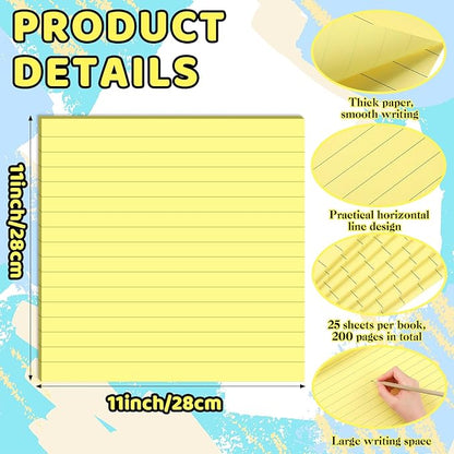 8 Pads Big Sticky Notes 11 x 11 Inch Lined Jumbo Large Sticky Notes for Wall,Giant Strong Power Memo Square Post for Office, 25 Sheets/Pad (Yellow Color)
