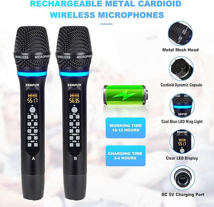 Pro Rechargeable Wireless Microphone System 4 Channel, UHF Metal Handheld Wireless Microphones Cordless Mics with Echo Treble BASS VOL Channel Control for Karaoke Singing Church(GT-200)
