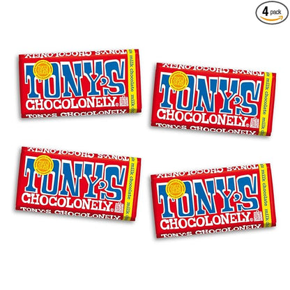 Tony’s Chocolonely Belgian Milk Chocolate Candy Bar, Pure Chocolate Bars for Snacks, Party Favors, Gifts, or Gift Basket, 32% Cacao, Made From Quality Fairtrade Cocoa, 4 Bars, 6.35 Oz Each