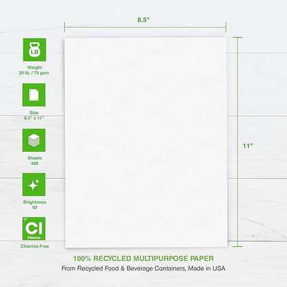 PrintWorks 100% Recycled Printer Paper 8.5" x 11" White - 20 lb Copy & Multipurpose Computer Paper - 1 Pack, 400 Sheets - Made in the USA - 92 Bright - Printer & Copier Compatible (00018)