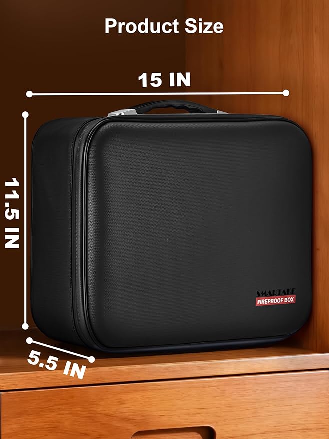 SMARTAKE Fireproof Document Box with Lock, Hard Case Waterproof Safe Box File Organizer, for Important Documents Papers Passports Certificates Laptop Money Safe Storage, Black (15x11.5x5.5 Inch)