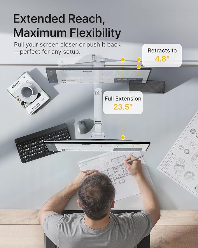 monTEK Ultra Wide Wall Mount Monitor Arm for 17-49 Inch Screens, Heavy Duty Single Monitor Mount up to 44 lbs, Fully Adjustable Gas Spring Wall Mount, 75x75/100x100 VESA Mount, White