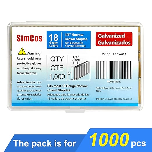 18 Gauge 1/4" Narrow Crown Staples, 1-Inch, Galvanized Project Pack for 18 GA Pneumatic or Electric Stapler or Staple Gun (1000)