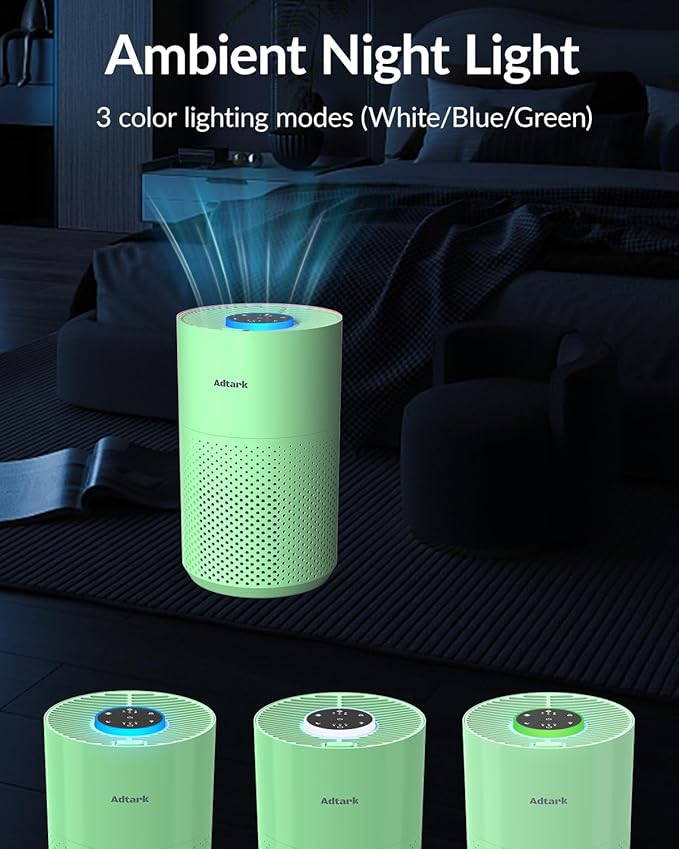 Air Purifiers for Home Bedroom, ADTARK Air Cleaner with H14 True HEPA 3-in-1 Filter, Sleep Mode & Aroma Function, 3 Light Modes, Room Air Purifier with 3 Timer for Office, Dorm, Hotel (Green)