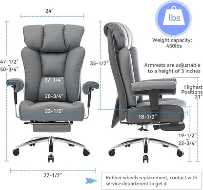 Efomao Big and Tall Office Chair 450LBS with Foot Rest, High Back PU Leather Executive Chair with Adjustable Padded Armrests, Lumbar Support for Home or Work, Heavy Duty Computer Chair, Grey