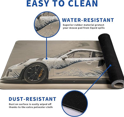 White Ukiyo-e Style Sports Car Mouse Pad Abstract White Mouse Pad 31.5x11.8 Inch Texture Non-Slip Rubber Base Large Mousepad Stitched Edges Keyboard Mouse Mat Desk Pad for Office and Home