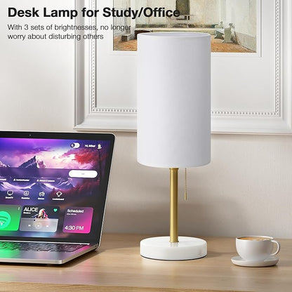 Dicoool Tall Bedside Table lamp for Bedroom - Luxury Marble Base & 3 Color Temperatures Bedside Lamps with USB Ports, Pull Chain Gold Table Lamps, White Nightstand Lamps for Living Room/Guest Room