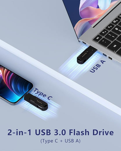 512GB USB Flash Drive, 3.0 - USB C & USB A 2-in-1 Memory Stick, Jump Drive with Keychain, Storage Photos Thumb Drives for iPhone 17/16/15, Android Phones, Laptops, Mac, iPad, Desktops, Tablet