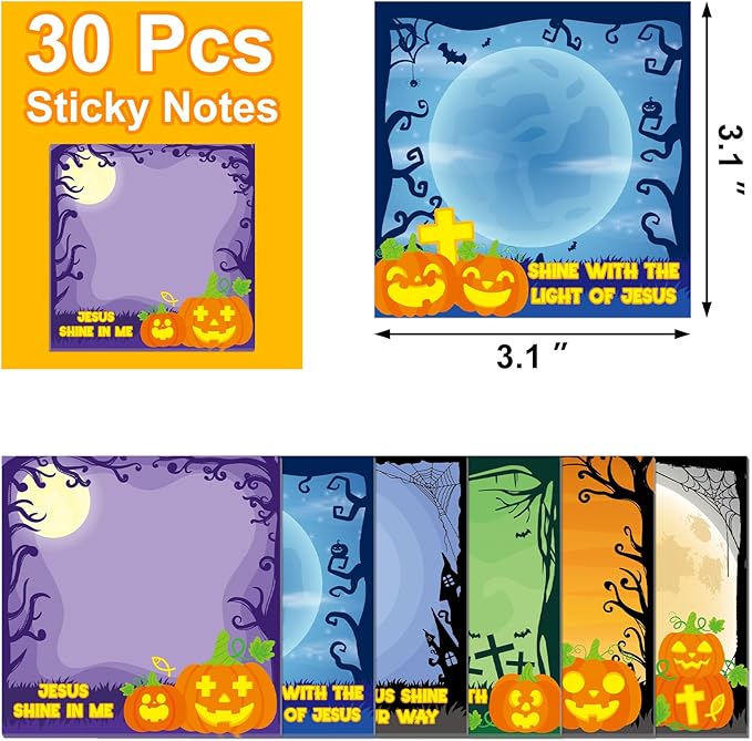 30 Pack Halloween Bible Sticky Notes - 600 Sheets Christian Jesus Pumpkin Sticky Notes Religious Bible Verse Quotes Notepads for Halloween Gifts Message Reminder Diary Lists