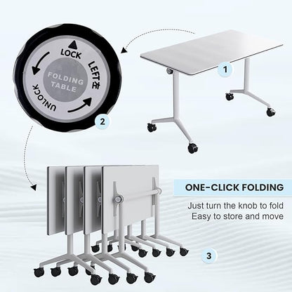 Conference Table Folding Conference Room Tables, Modern Mobile Meeting Training Table with Silent Wheels, Foldable Seminar Table for Offices, Classrooms, Libraries (10, White, 47.2in)