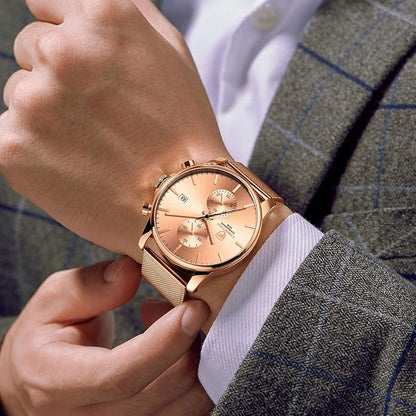 GOLDEN HOUR Mens Watch Fashion Sleek Minimalist Quartz Analog Mesh Stainless Steel Waterproof Chronograph Watches for Men with Auto Date