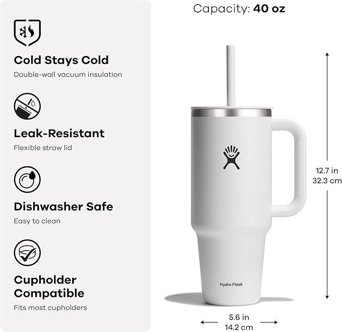 Hydro Flask Travel Tumbler with Handle, Lid and Straw - Insulated Stainless Steel in 40 Oz Stainless Steel Lime