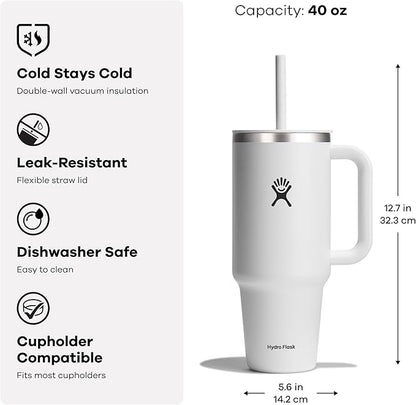 Hydro Flask Travel Tumbler with Handle, Lid and Straw - Insulated Stainless Steel in 40 Oz Stainless Steel Lime