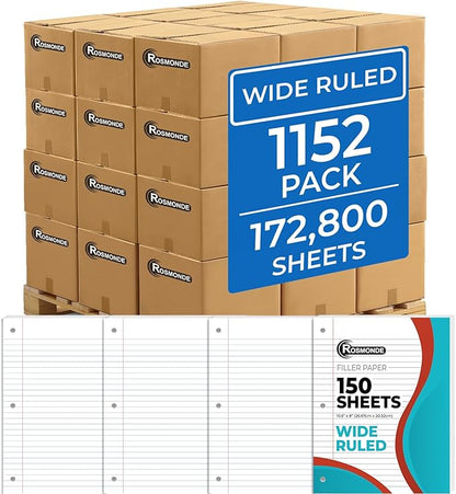 Rosmonde 1152 Pack (Pallet) Loose Leaf Paper Bulk, 172800 Sheets, Wide Ruled, 150 Sheets/Pack, 8 x 10.5", Pallet of Filler Paper, 3 Hole Punched, 56 Gsm Thick Paper, School & Office, 4-7 Days Transit